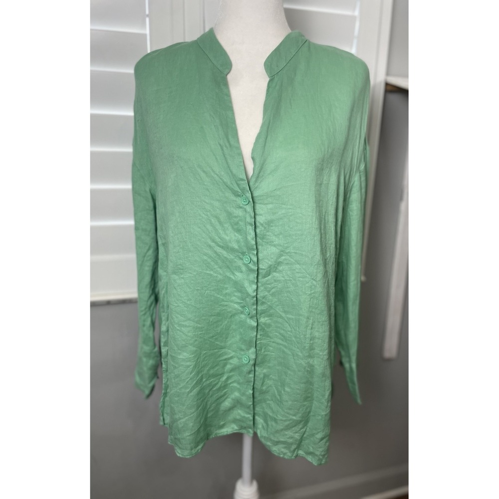 Zara 100% Linen Green Button Down Shirt Blouse Women's Size XS Relaxed Oversized